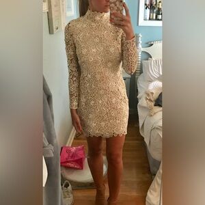 Venus champagne gold floral lace open back mini dress